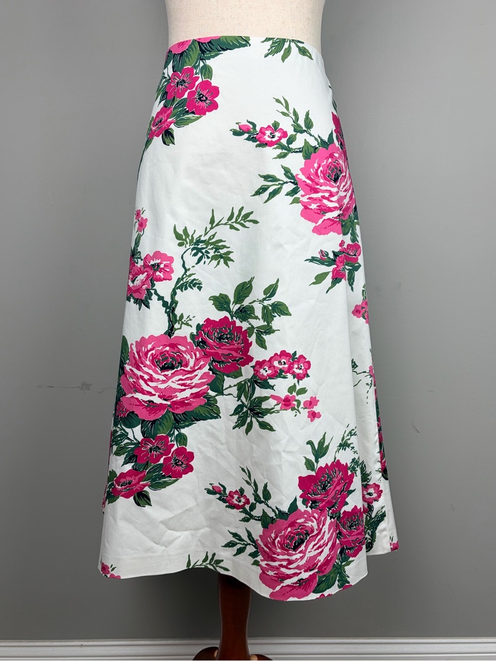 Carolina Herrera Floral Rose Print Midi Skirt Sz 12 White Pink Made Italy